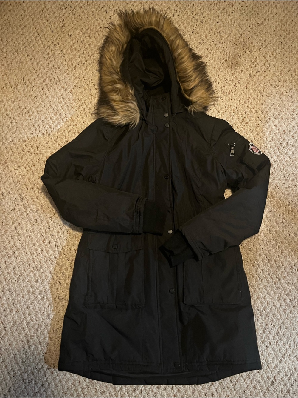 Black Long Puffer Parka with Faux-Fur Trimmed Hood